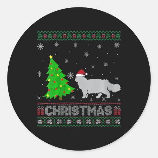 Sticker Rond Femme Chat Perse Xmas Arbre Éclairage Noël laid (Devant)
