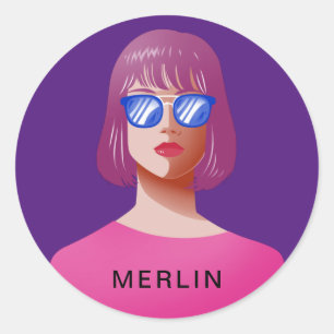 Sticker Rond Femme chic violette et classe
