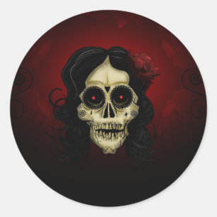 Sticker Rond Femme Crâne de Sucre Gothique Rose Rouge Jour des