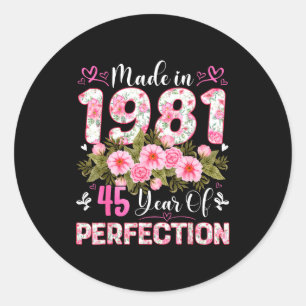 Sticker Rond Femme de 45 ans fabriquée en 1981 Floral 45e anniv