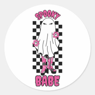 Sticker Rond Femme "Éffrayant Babe" Fantôme d'Halloween - Rose