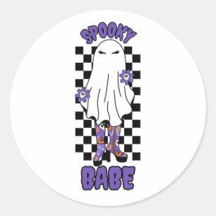 Sticker Rond Femme "Éffrayant Babe" Halloween Ghost Retro Purpl