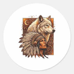 Sticker Rond Femme Indienne Amérindienne Avec Vitag Loup Blanc