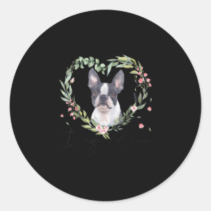 Sticker Rond Femme mignonne Boston Terrier Maman Fleur Amoureux