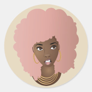 Sticker Rond Femme noire, afro rose avec une expression agacée