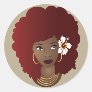 Sticker Rond Femme noire avec fleur dans son Afro rouge, Beige