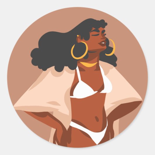 Sticker Rond Femme noire, Bikini blanc, Prêt plage (Devant)