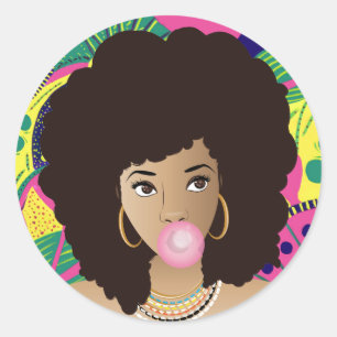 Sticker Rond Femme noire, Bubblegum rose, Colorée