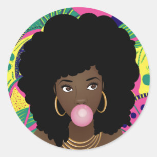 Sticker Rond Femme noire, Bubblegum rose, Colorée