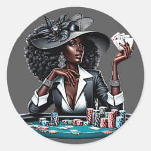 Sticker Rond Femme noire Jeux Casino Cartes Poker Chips Art