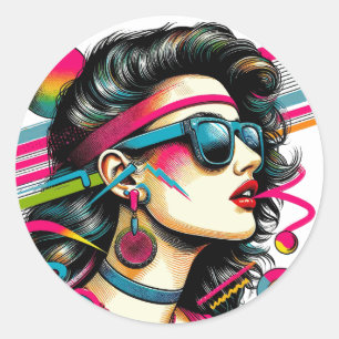 Sticker Rond Femme portant des lunettes de soleil art pop color