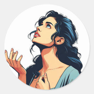 Sticker Rond Femme Regarder prier Dieu illustration art