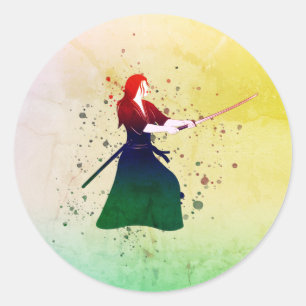 Sticker Rond Femme Samurai guerrière avec un Katana