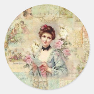 Sticker Rond Femme victorienne rétro avec Roses
