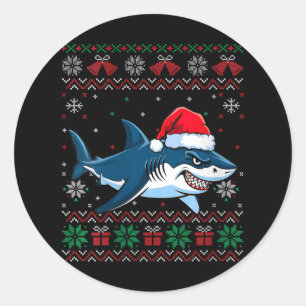Sticker Rond FEMMES Drôle moche Noël Shark Santa Hat Lumières
