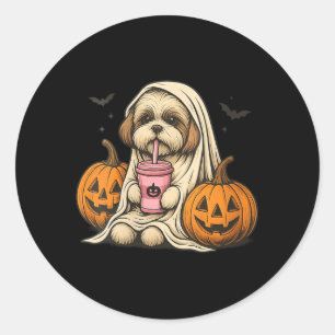 Sticker Rond Femmes Mignon Halloween Chien Fantôme Avec Citroui