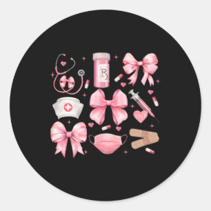 Sticker Rond Femmes Rose Rétro Infirmière Coquette Rose Bow Gir