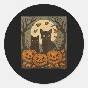 Sticker Rond Femmes Vintage Halloween Chats Noirs Citrouilles P