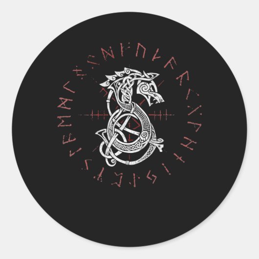 Sticker Rond Fenrir Wolf d'Odin Celtic Norse Runes Distressed (Devant)