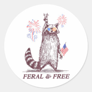Sticker Rond Feral & ; Free Funky Patriotic Racoon Feral Et