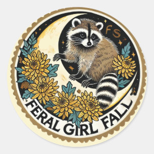 Sticker Rond Feral Girl Fall Raccoon
