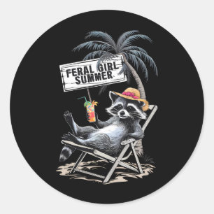 Sticker Rond Feral Girl Summer Beach Funny Raccoon
