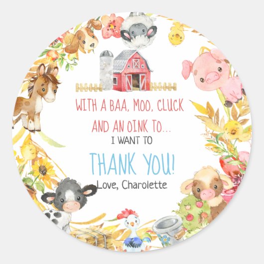 Sticker Rond Ferme Barnyard Animal Anniversaire Merci (Devant)
