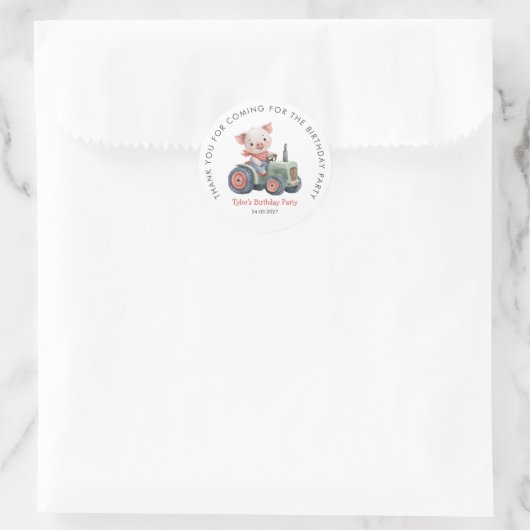 Sticker Rond Ferme Cochon mignonne Anniversaire Merci (Sac)