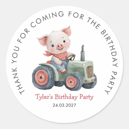 Sticker Rond Ferme Cochon mignonne Anniversaire Merci (Devant)