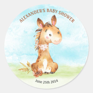 Sticker Rond Ferme de Baby shower de Cheval Aquarelle