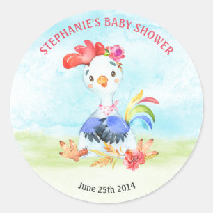Sticker Rond Ferme de Baby shower de coqs de filles Watercolor