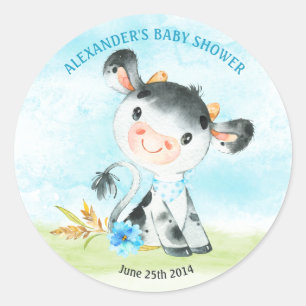 Sticker Rond Ferme de Baby shower de la vache-chien Watercolor
