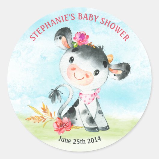 Sticker Rond Ferme de Baby shower de Vache de fille aquarelle (Devant)