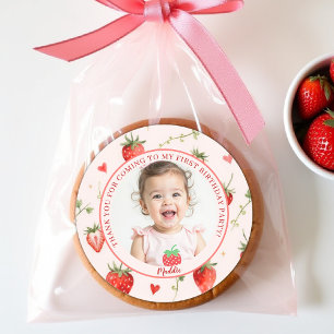 Sticker Rond Ferme de fraises douce et chic pour un 1er anniver