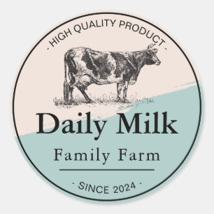 Sticker Rond Ferme de la famille de lait Vintage noir et blanc