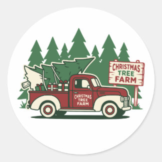 Sticker Rond Ferme de Noël aux arbres avec camion vintage