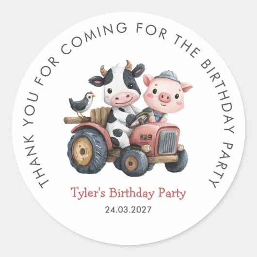 Sticker Rond Ferme Jolie fête d'anniversaire Vache porc Merci (Devant)