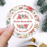 Sticker Rond Ferme Poinsettia Cuisiné avec amour Shiplap Bois<br><div class="desc">De la Farmhouse Poinsettia Christmas & Holiday Collection : Farmhouse Poinsettia Baked with Love Holiday, with Beautiful Curved Typography and Personalized Food Name and Text. Customisez facilement le texte pour ce joli Modèle étiquette de Noël. Dans 4 colorway différents, cette option est décorée d'une couleur arrière - plan de bois...</div>