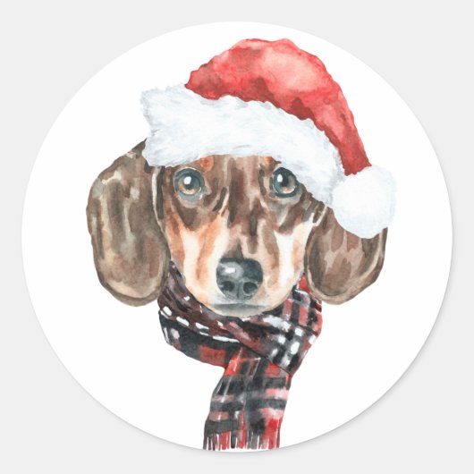 Sticker Rond Festif aquarelle Dachshund Père Noël Noël (Devant)