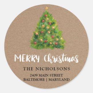 Sticker Rond Festif Arbre de Noël Rustique papier Kraft