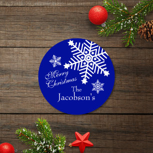 Sticker Rond Festif Bleu Blanc Joyeux Noël Snowflakes