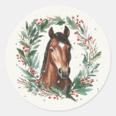 Sticker Rond Festif Cheval équestre Wreath Joyeux Noël (Devant)