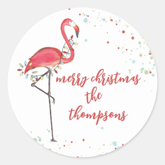 Sticker Rond Festif de Noël mignon Flamant rose lumières à cord (Devant)
