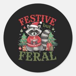Sticker Rond Festif mais feral Raccoon animal Père Noël Noël X