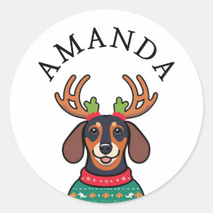 Sticker Rond Festif Noir Dachshund Nom de Noël