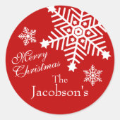 Sticker Rond Festif Rouge Blanc Joyeux Noël Snowflakes (Devant)