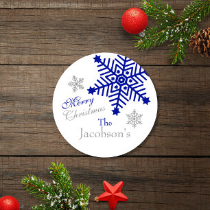 Sticker Rond Festif Silver Blue Joyeux Noël Snowflakes