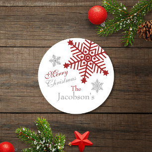 Sticker Rond Festif Silver Red Joyeux Noël Snowflakes