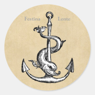 Sticker Rond Festina Lente Ancre et dauphin