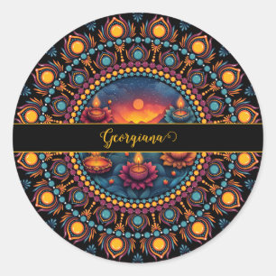 Sticker Rond Festival Diwali coloré personnalisé Mandala